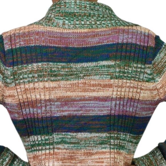 Vintage Hand Loomed Knit Cardigan Sweater Green Marled Rainbow Stripe 70s Medium - Picture 5 of 16